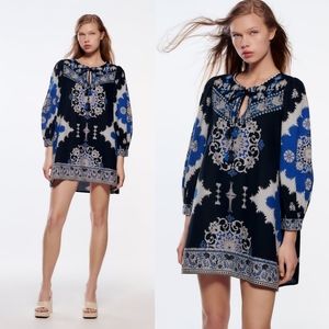 Zara Black and Blue Patterned Mini Dress